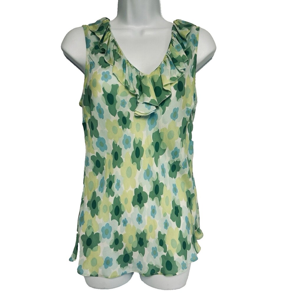 Vintage Talbots Women's 12 100% Pure Silk Ruffle Sleeveless Blouse Boho Coastal